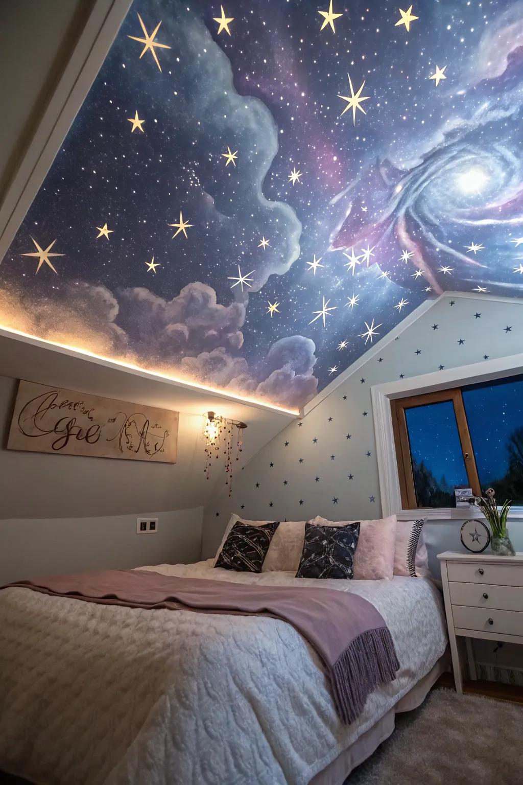 Create a celestial escape with an artistic ceiling mural.