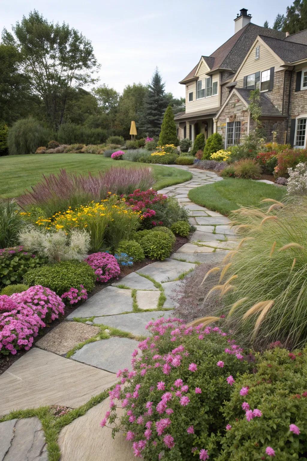 Stone pathways add both beauty and functionality to a no-grass yard.