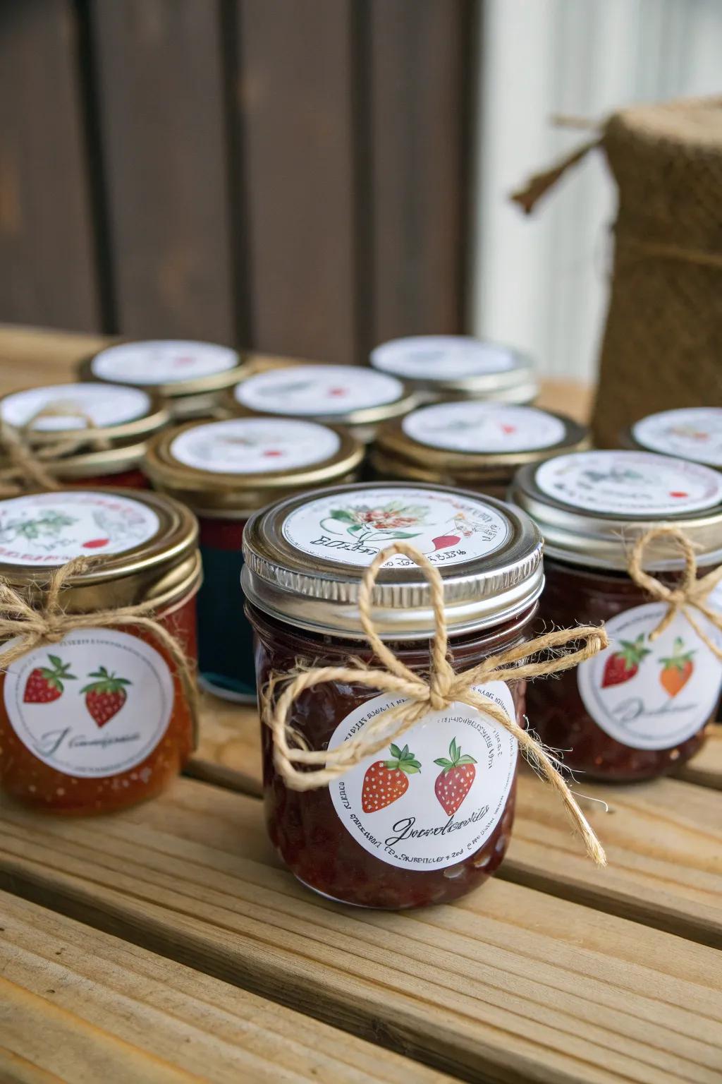 Charming jars of homemade jam make sweet wedding favors.