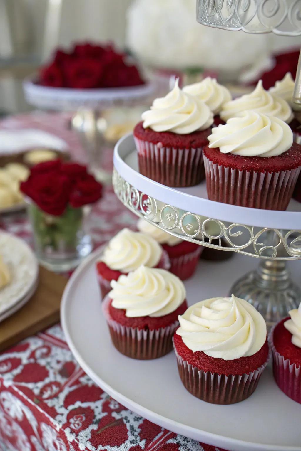 Delicious red velvet cupcakes adding a pop of color to the dessert table.