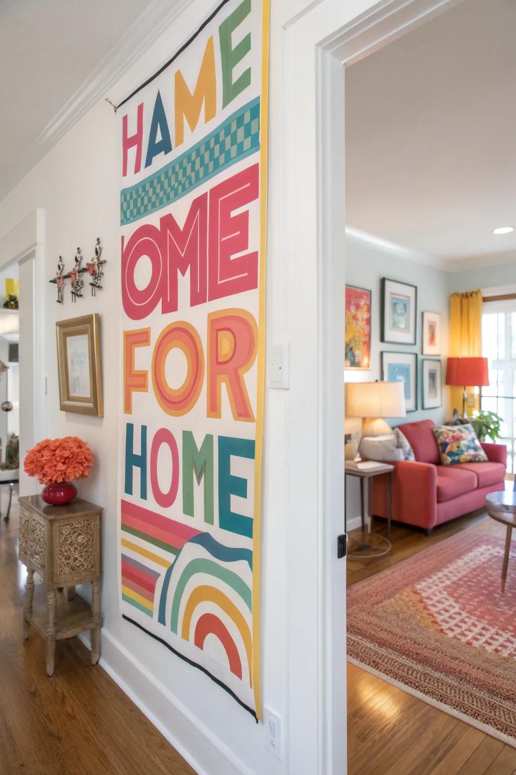 Striking typography poster creating a bold statement on a colorful wall.
