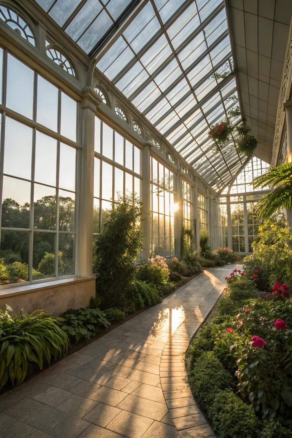 A beautiful conservatory flooded with natural light through its glass windows and ceiling.