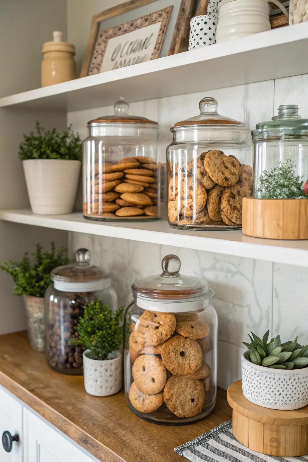 An artful shelf display with a variety of cookie jars.