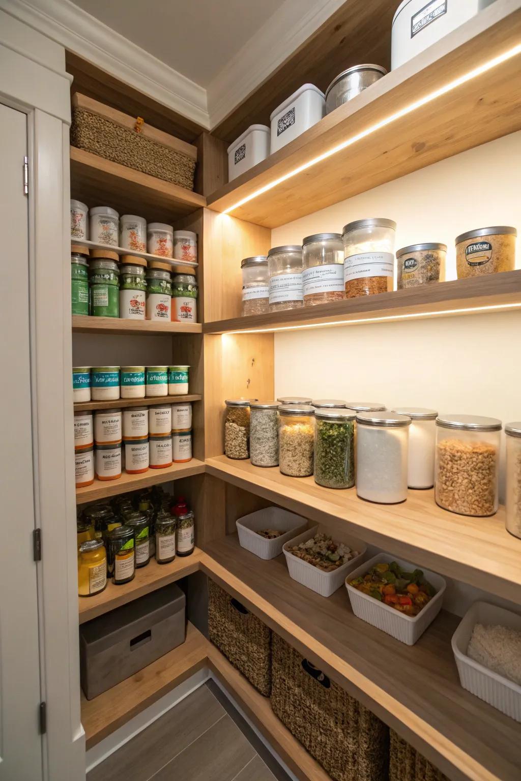 An L-shaped corner pantry that maximizes storage.