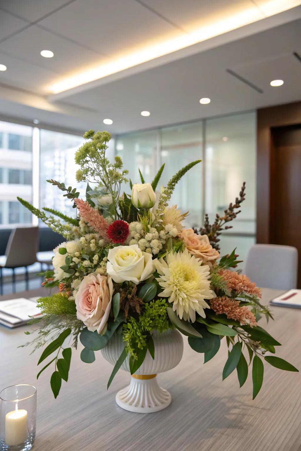 Sophisticated floral centerpiece with seasonal blooms.