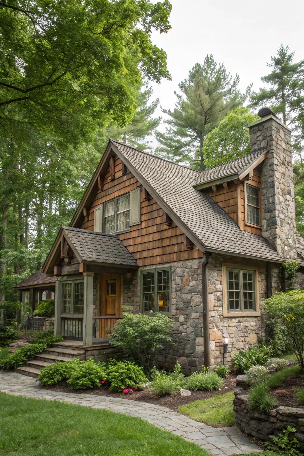 Countryside allure at its peak using wood and stone cladding.