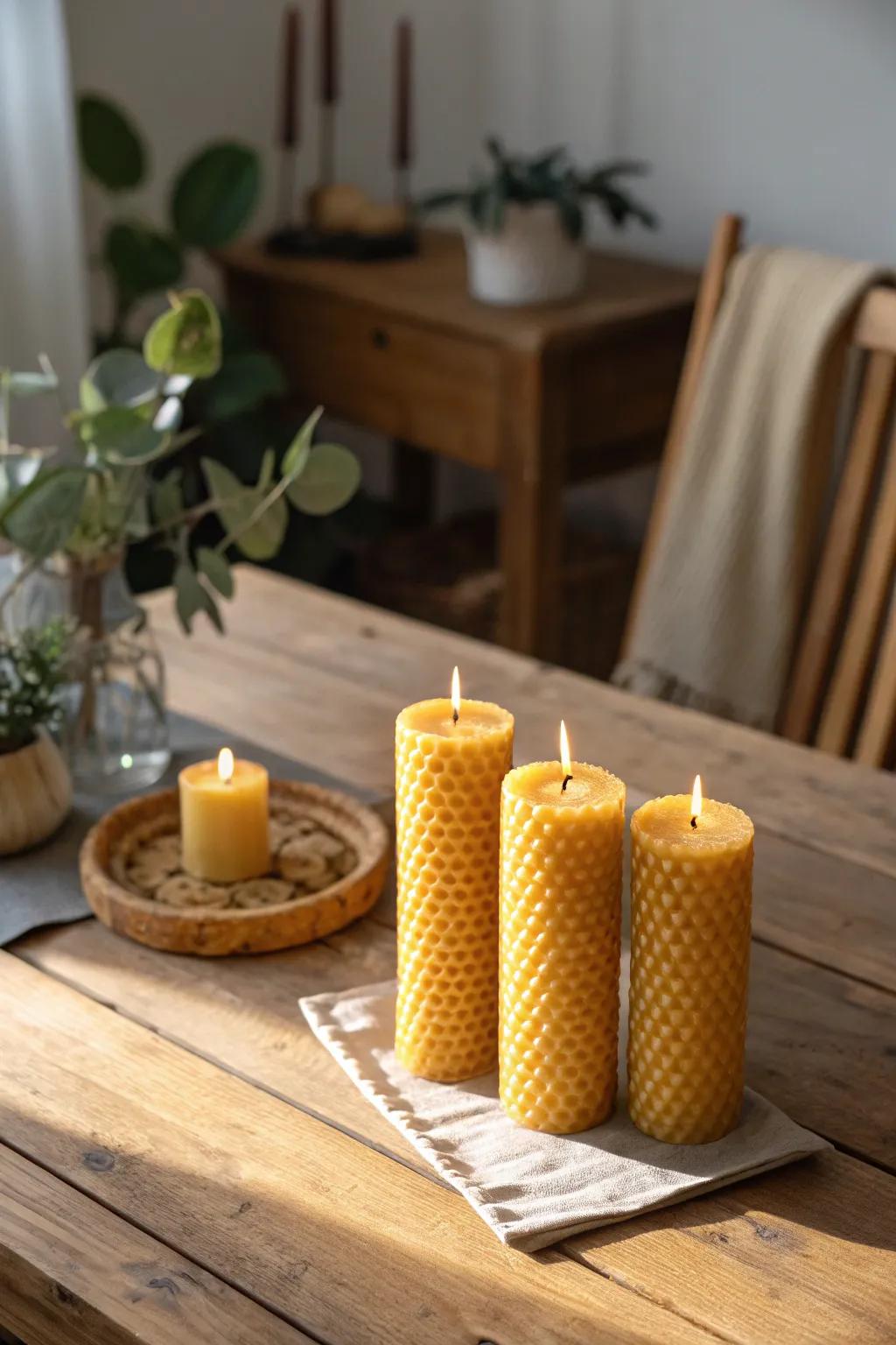 Handcrafted beeswax candles bring warmth and rustic charm.