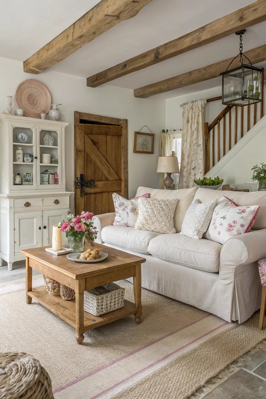 A countryside-inspired living room showcasing a neutral color scheme.