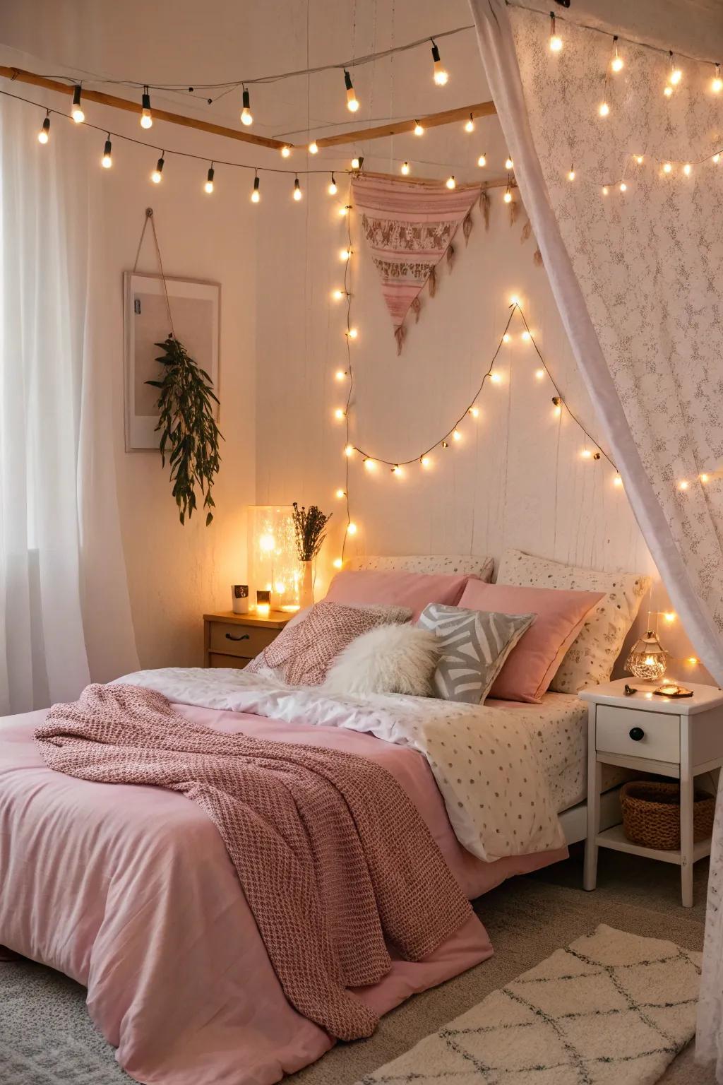 Warm lighting transforms the mood in a couple's bedroom