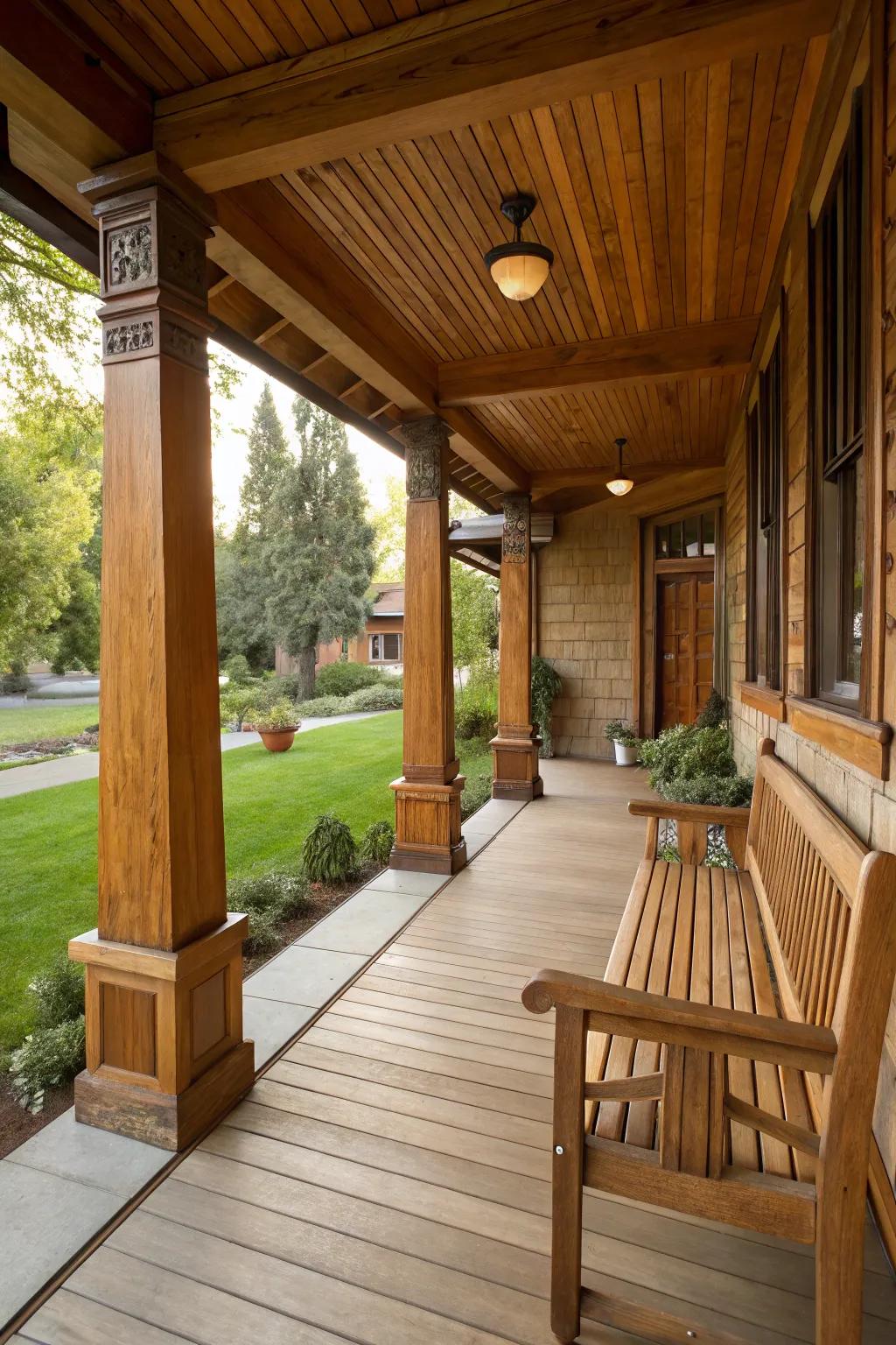 Natural wood columns enhance the rustic charm of this Craftsman porch.