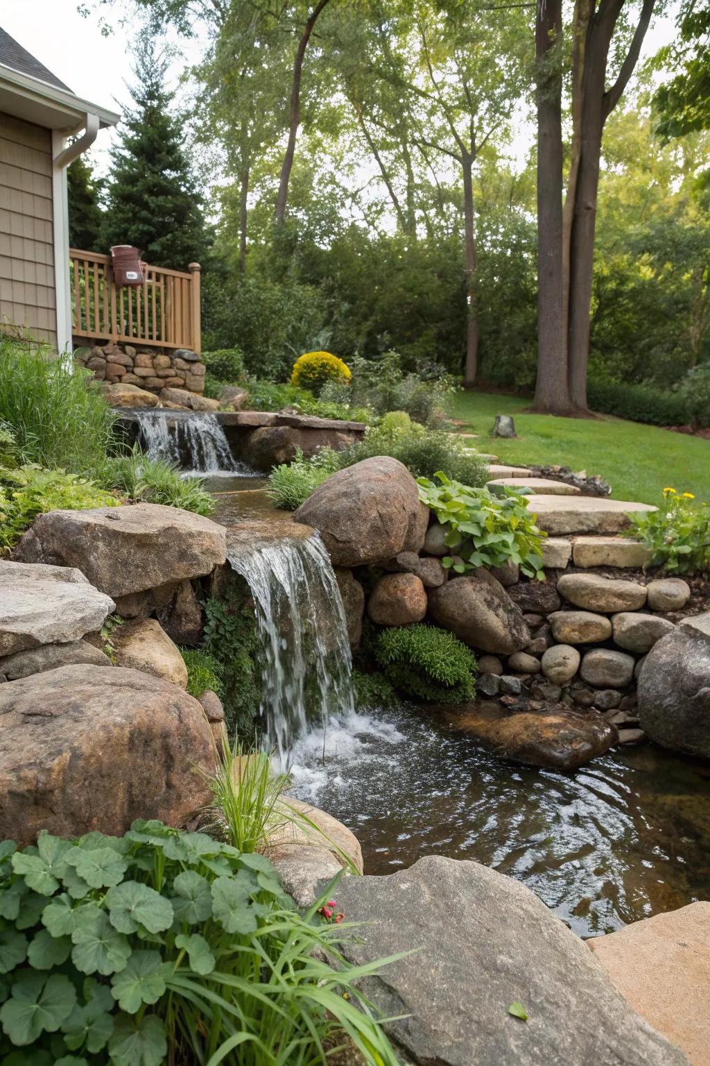 A natural water feature introduces calming sounds and visual interest to your creekside garden.