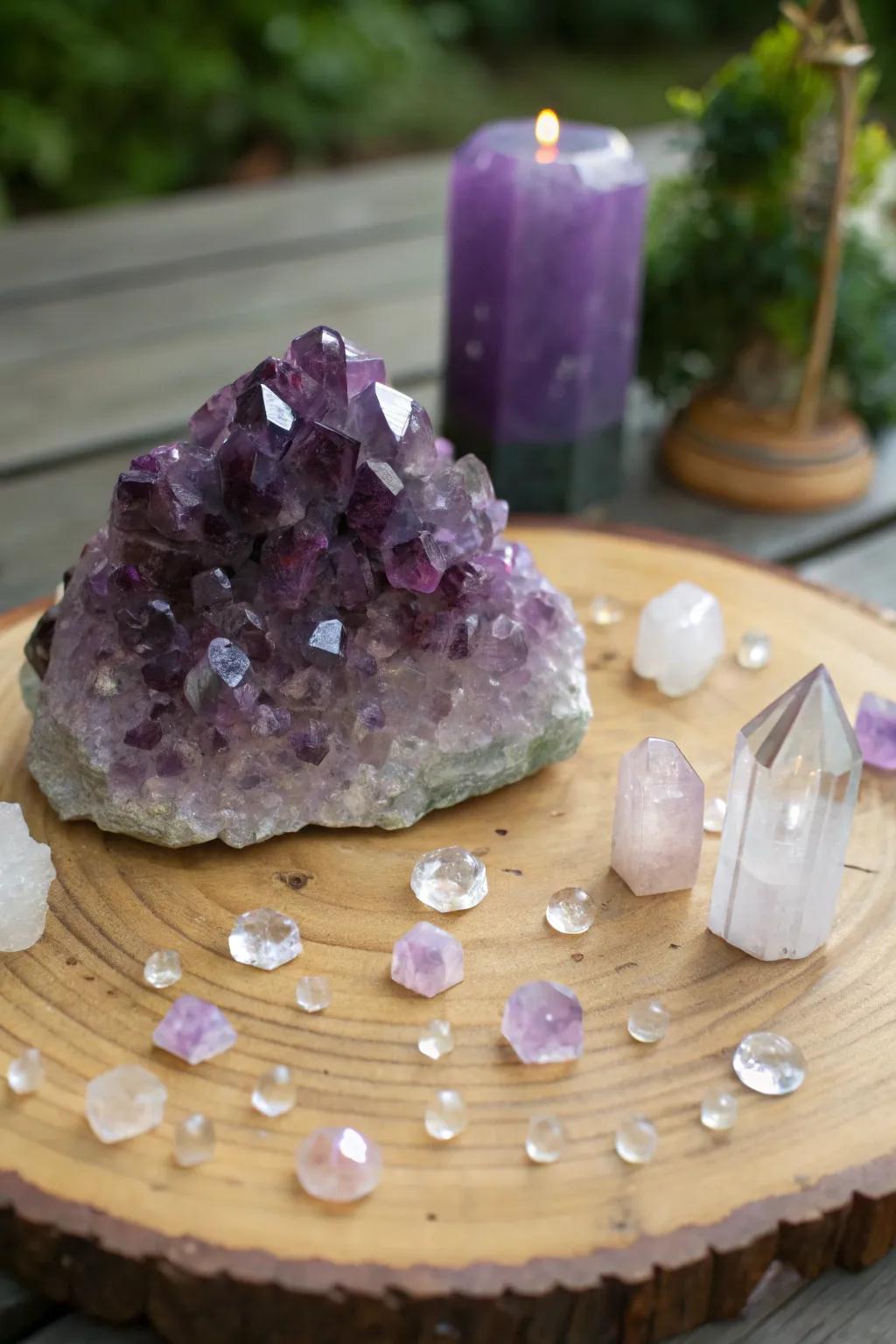 A classic crystal altar with a stunning amethyst centerpiece.