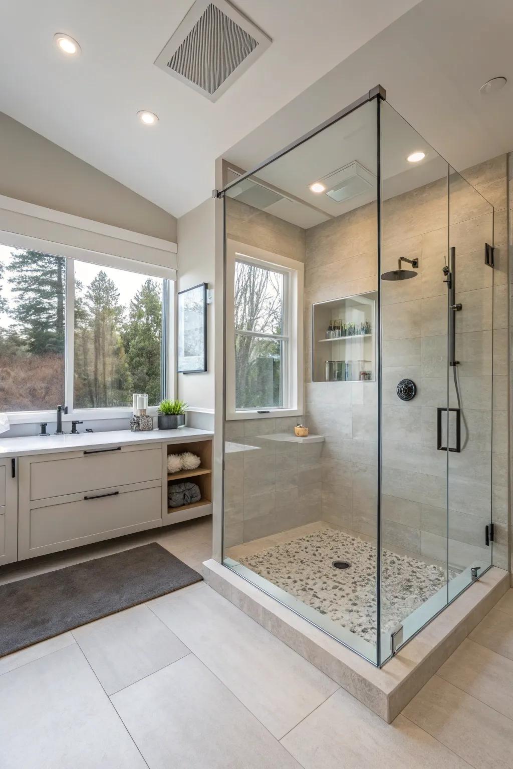 Frameless glass transforms this bathroom into a spacious and elegant retreat.