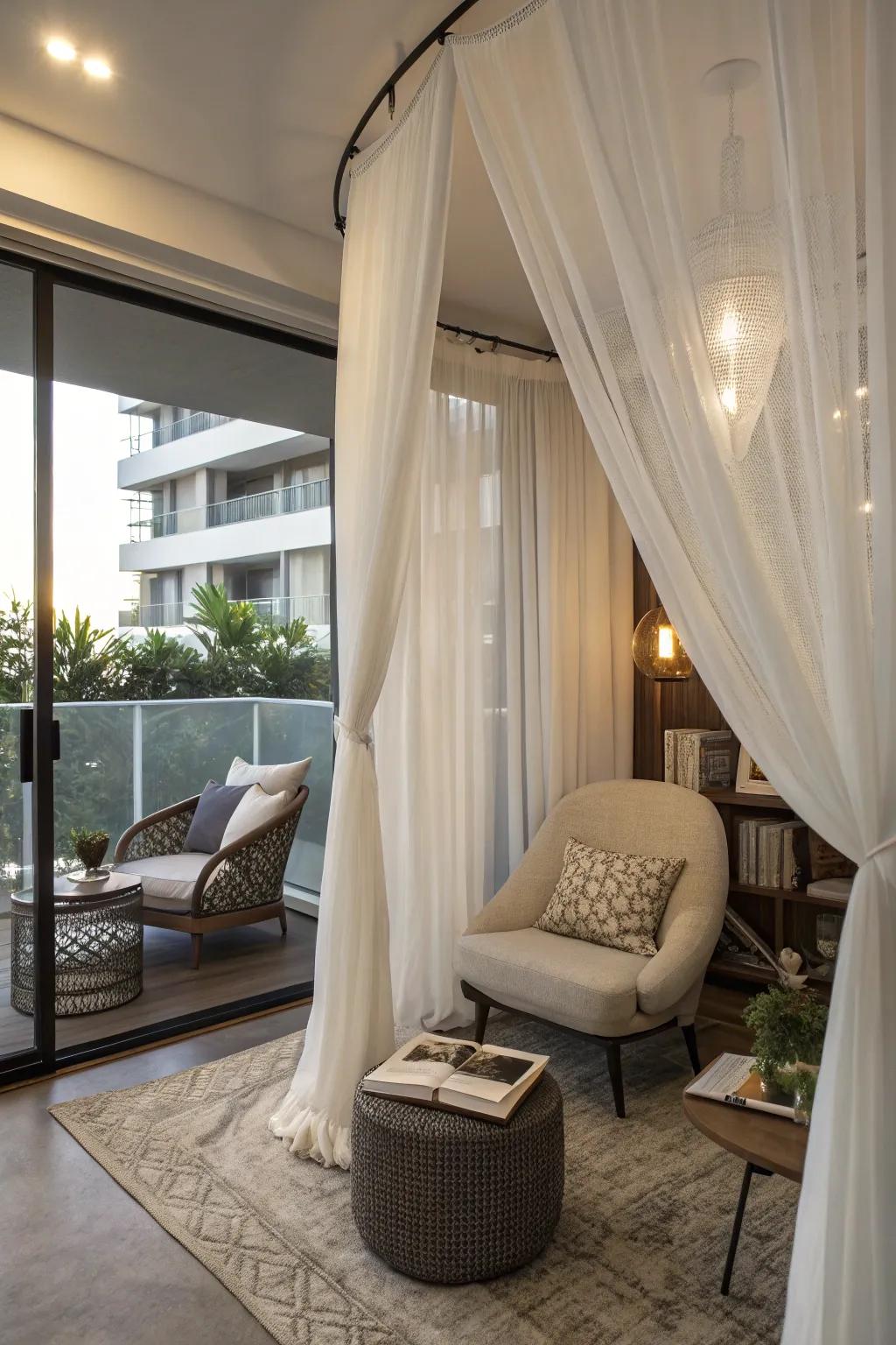 A cozy bedroom nook created with sheer curtains for a dreamy atmosphere.