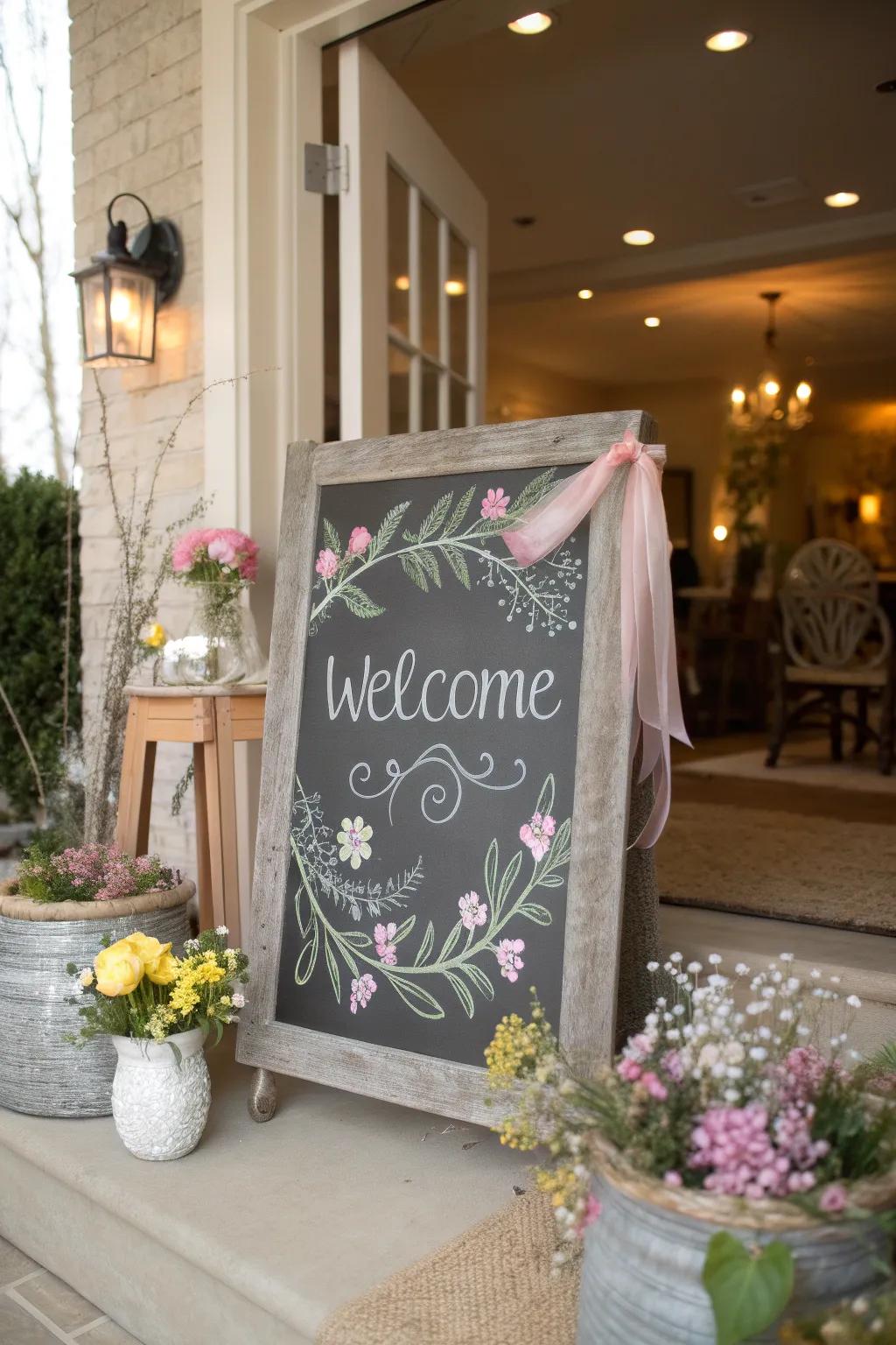 A welcoming entryway chalkboard with a seasonal message and floral embellishments.