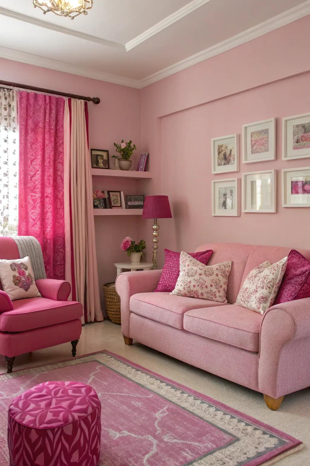 A single-color pink scheme creates a harmonious and welcoming living room.