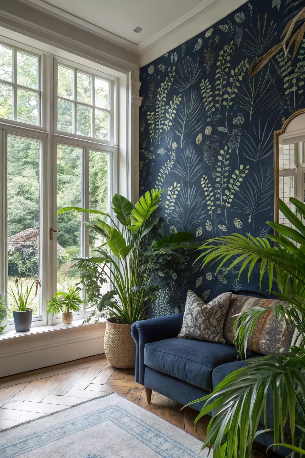 Bring the outside in with botanical dark blue wallpaper.