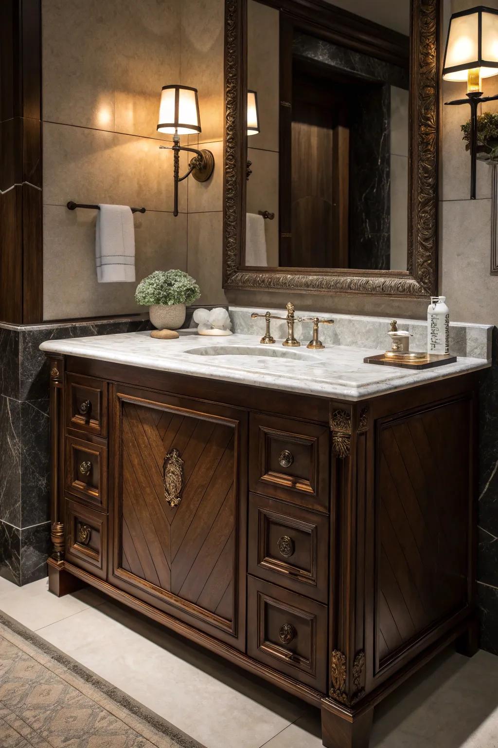 A classic dark wood vanity paired with a smooth marble countertop.