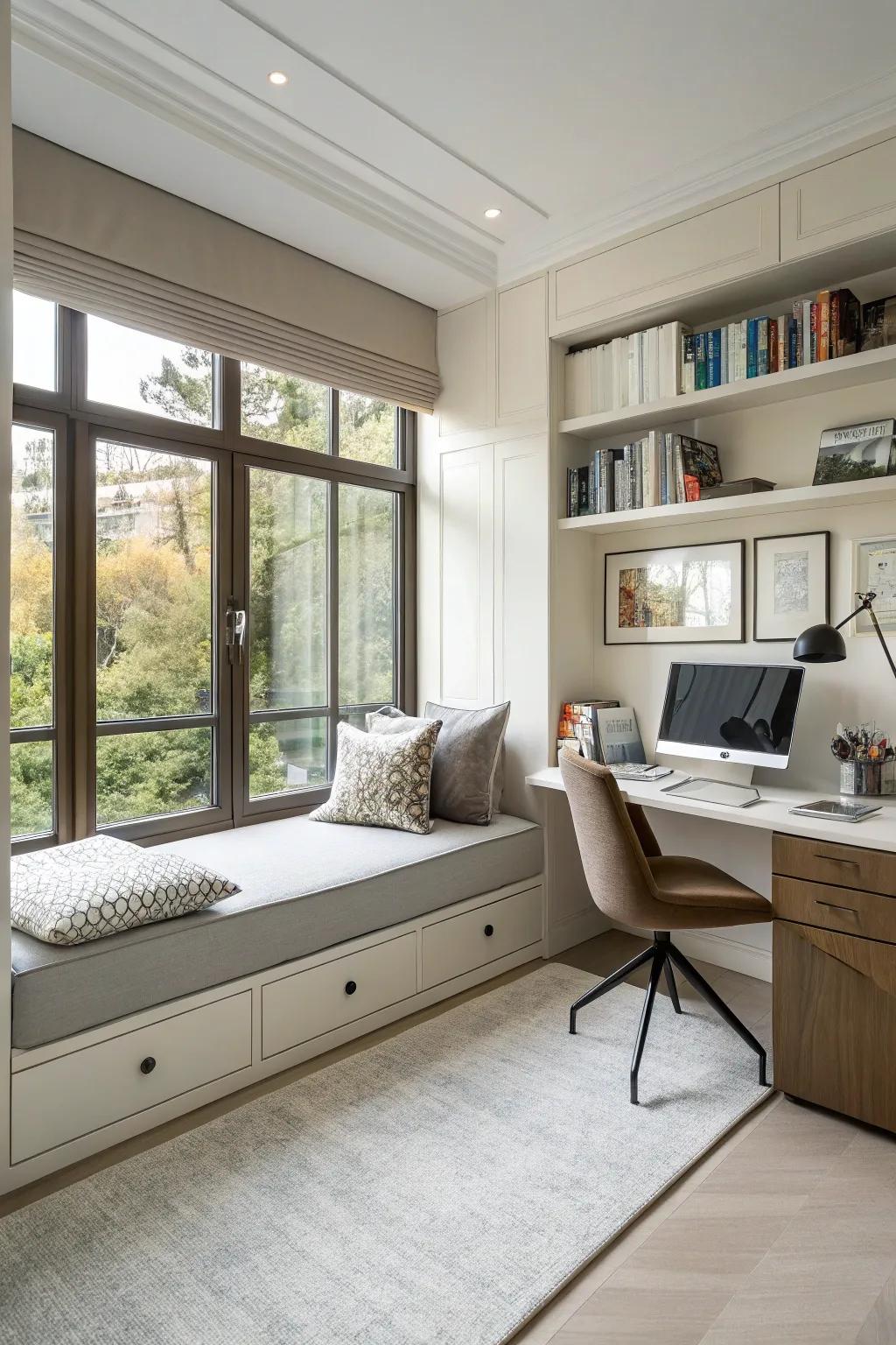 A multifunctional home office featuring a sleek daybed for work and relaxation.