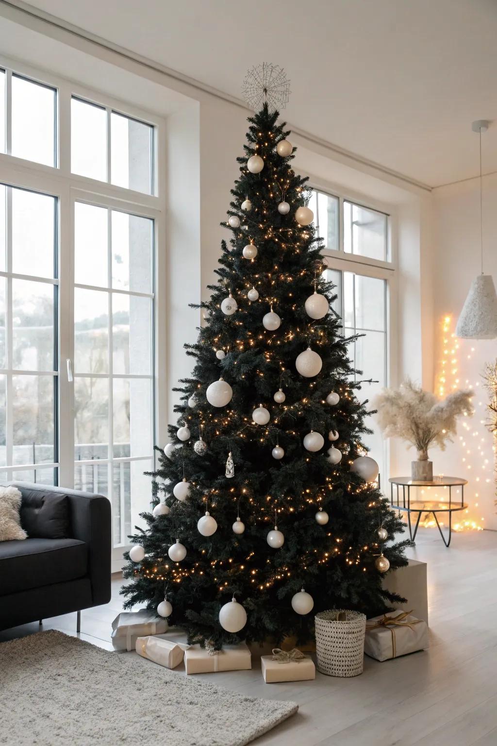 A sleek black Christmas tree adorned with white ornaments.