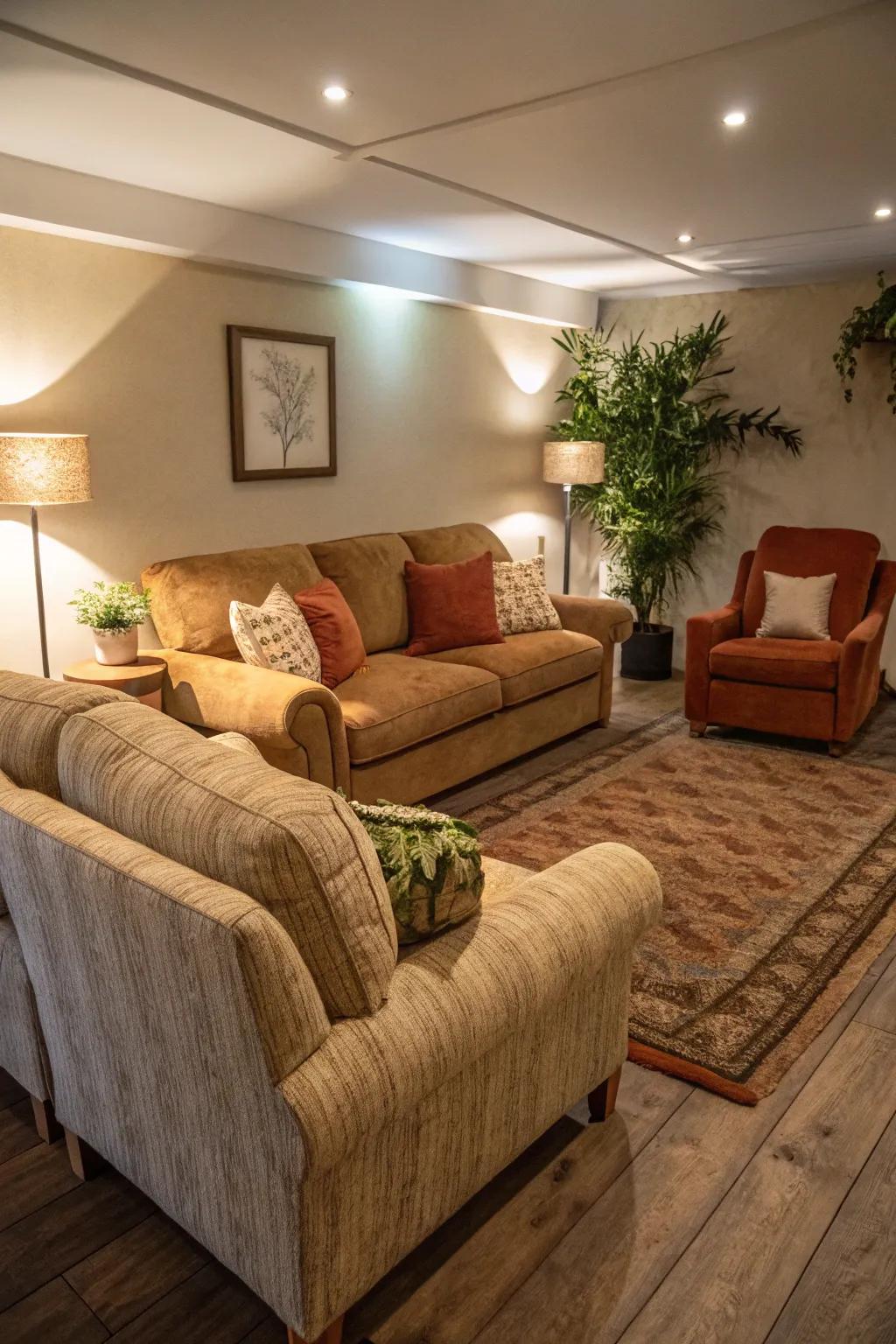 Plush sectional and armchairs create a welcoming space.