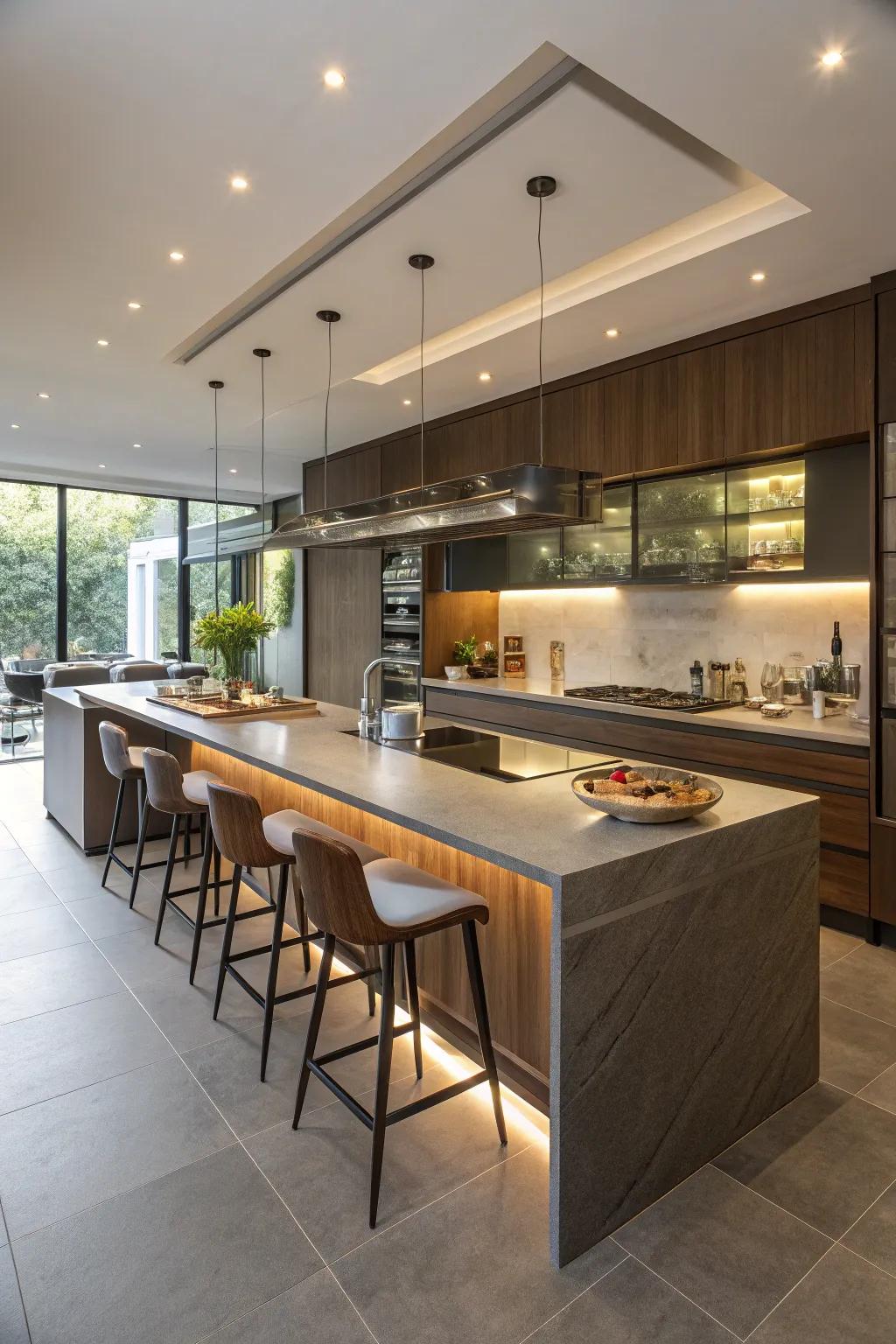 A kitchen island with seating offers a casual dining space.