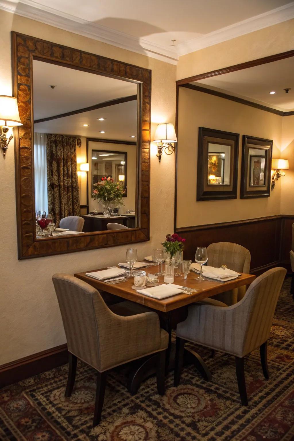 A large mirror opens up a small dining space beautifully.