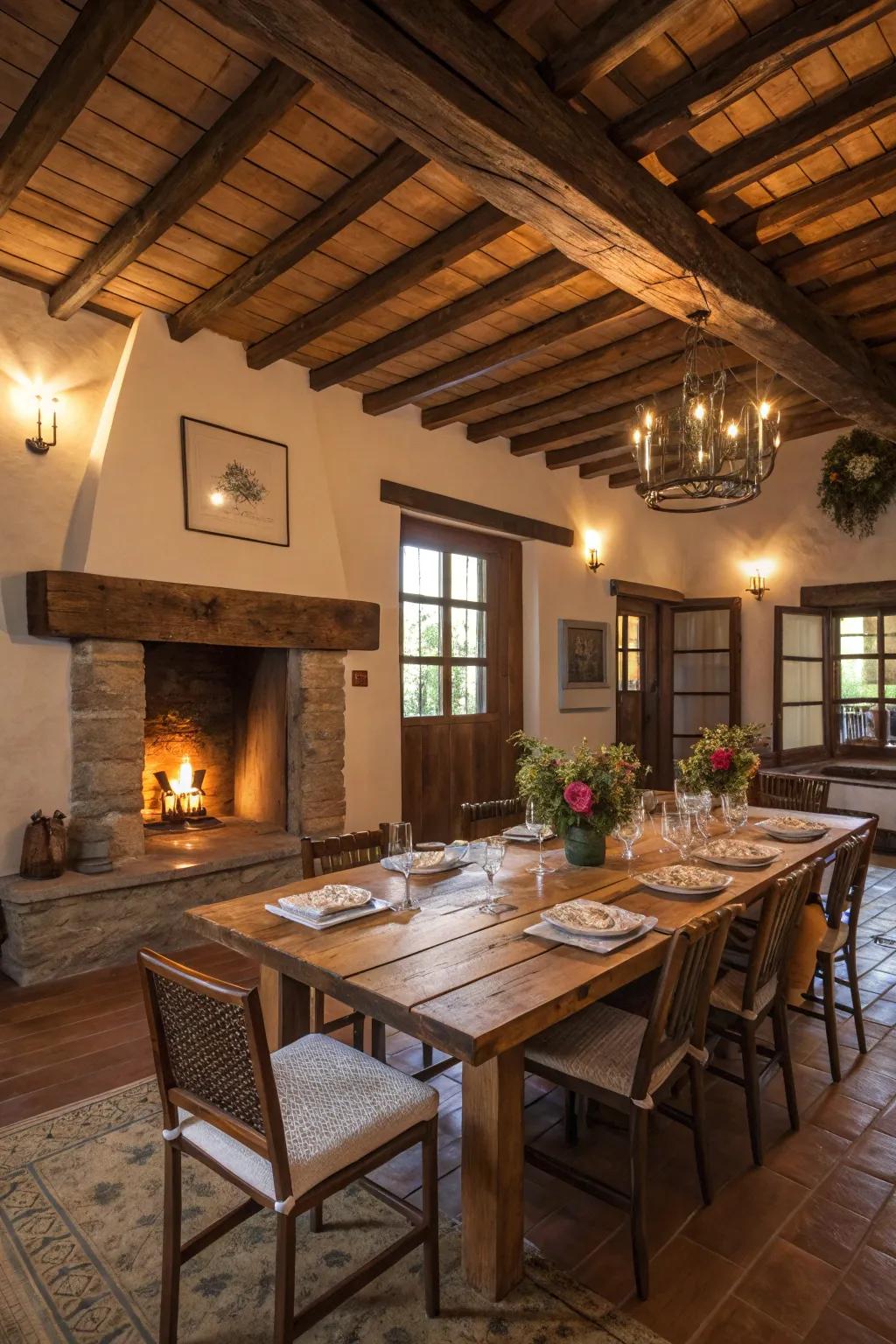 Rustic charm with a wooden table and mismatched chairs creates an inviting atmosphere.