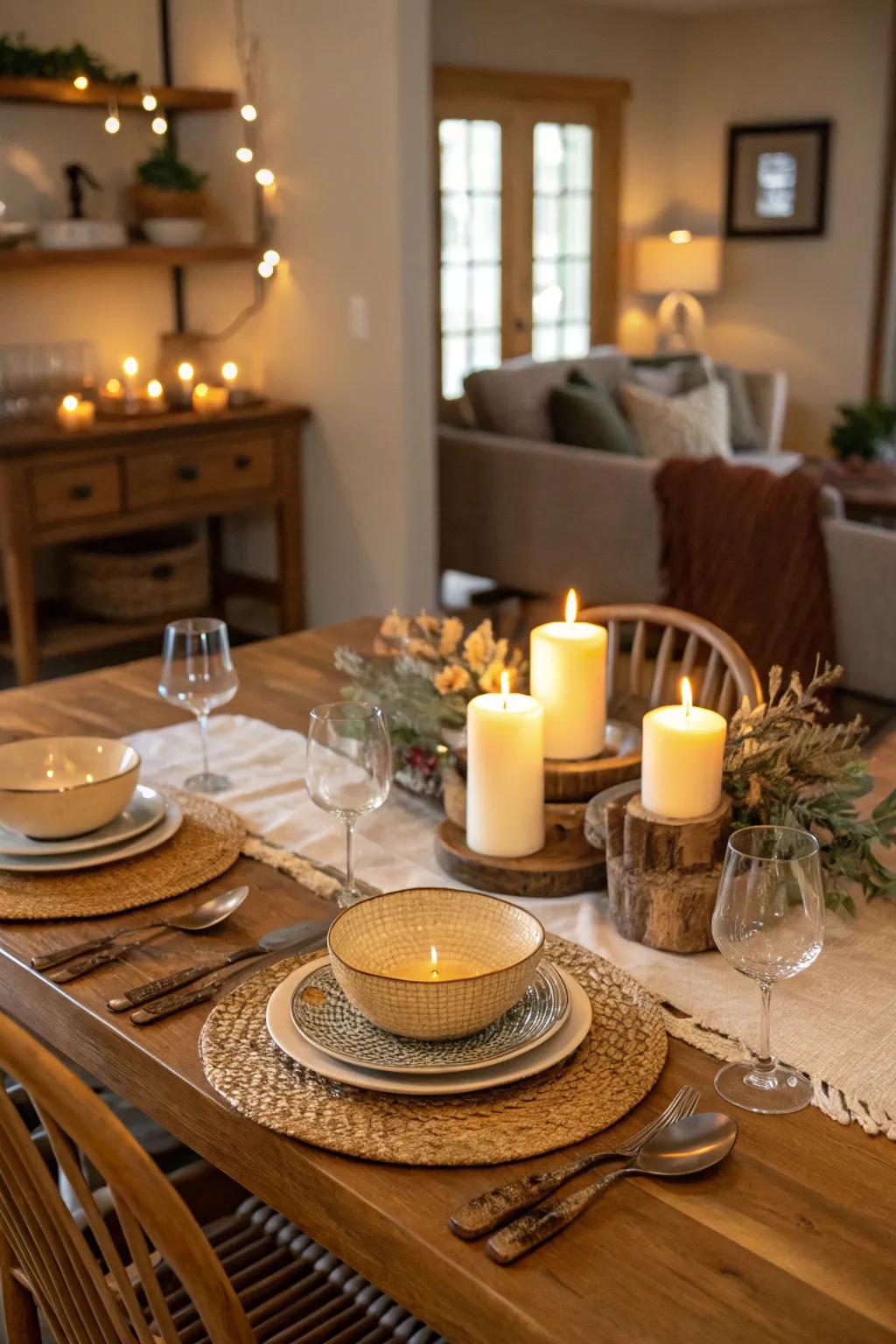 Honey-stained table radiates warmth and comfort.