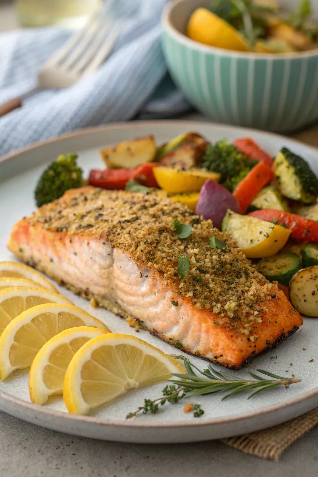 Herb-crusted salmon presented with a side of roasted vegetables.