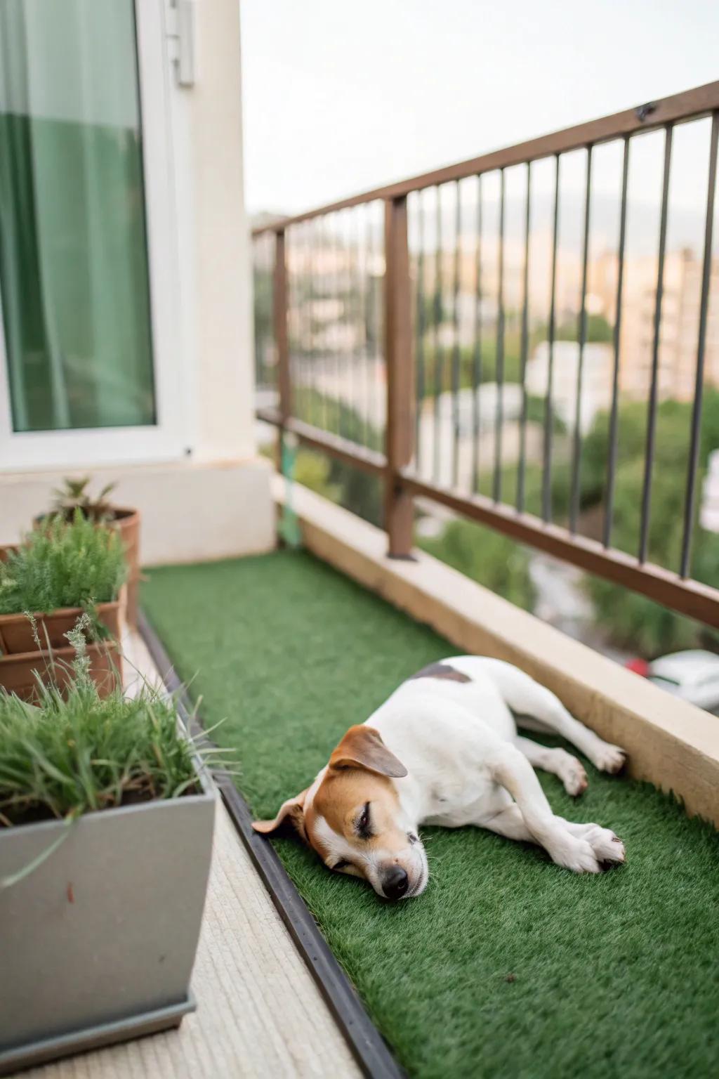 A cozy artificial grass patch offers dogs a touch of nature on the balcony.