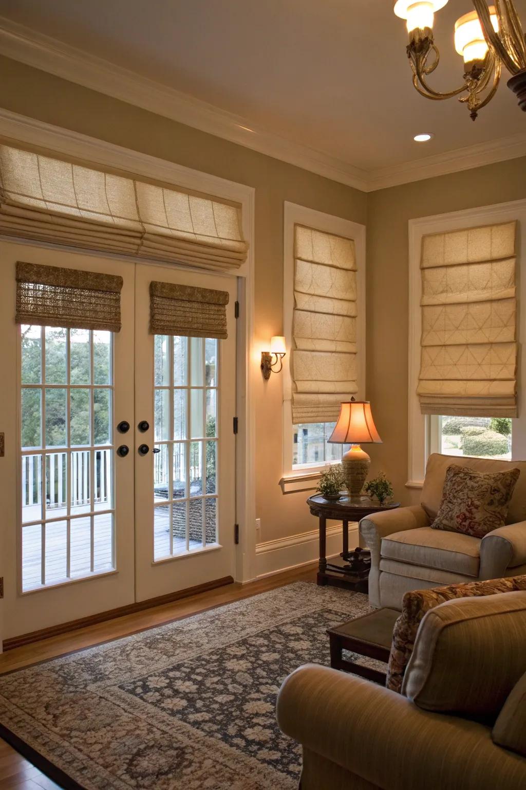 Roman shades offer a classic look while providing privacy for your door windows.