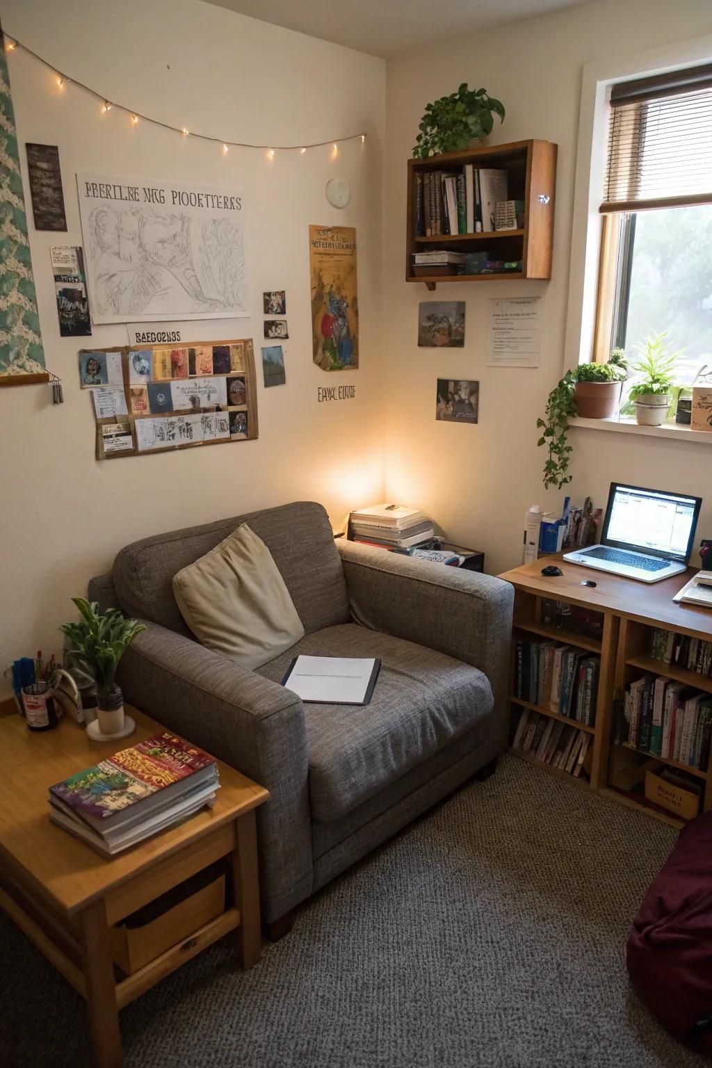 A small loveseat fits perfectly in a tight dorm room corner.