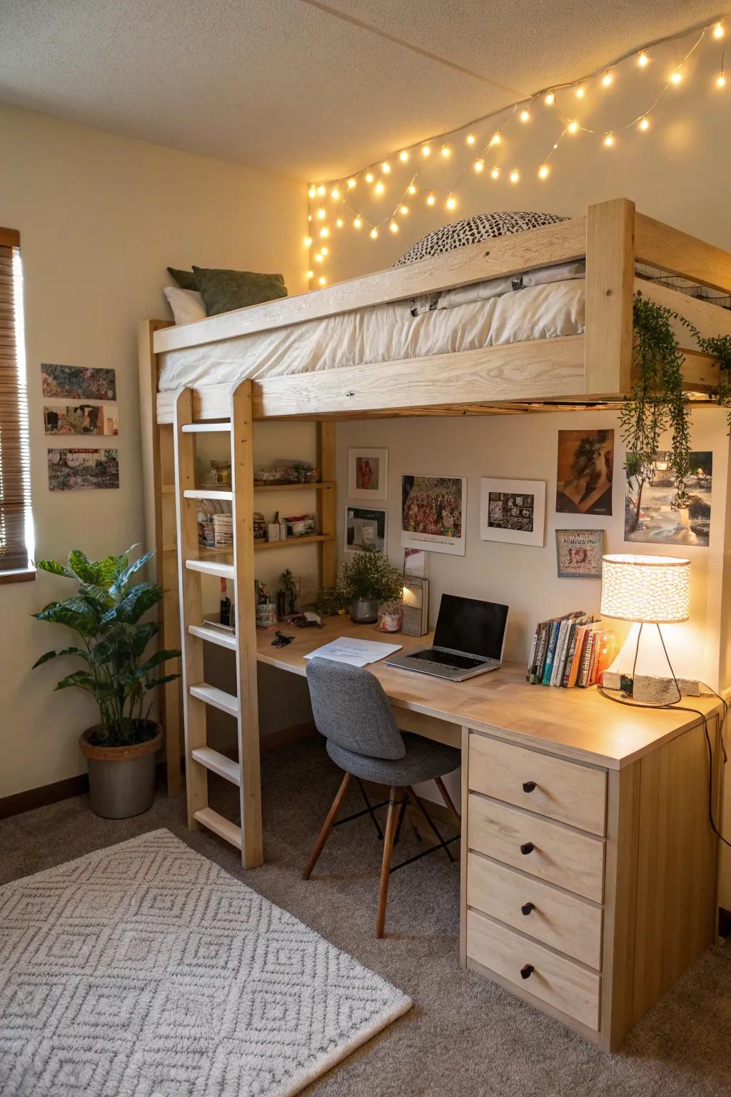 A lofted bed creates space for a study area underneath.