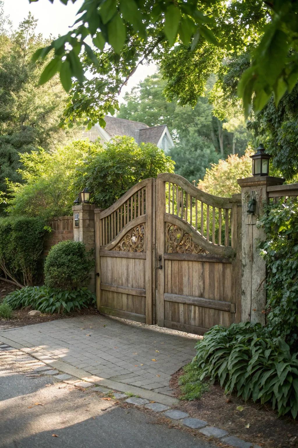 A classic wooden double swing gate set in a lush residential area.