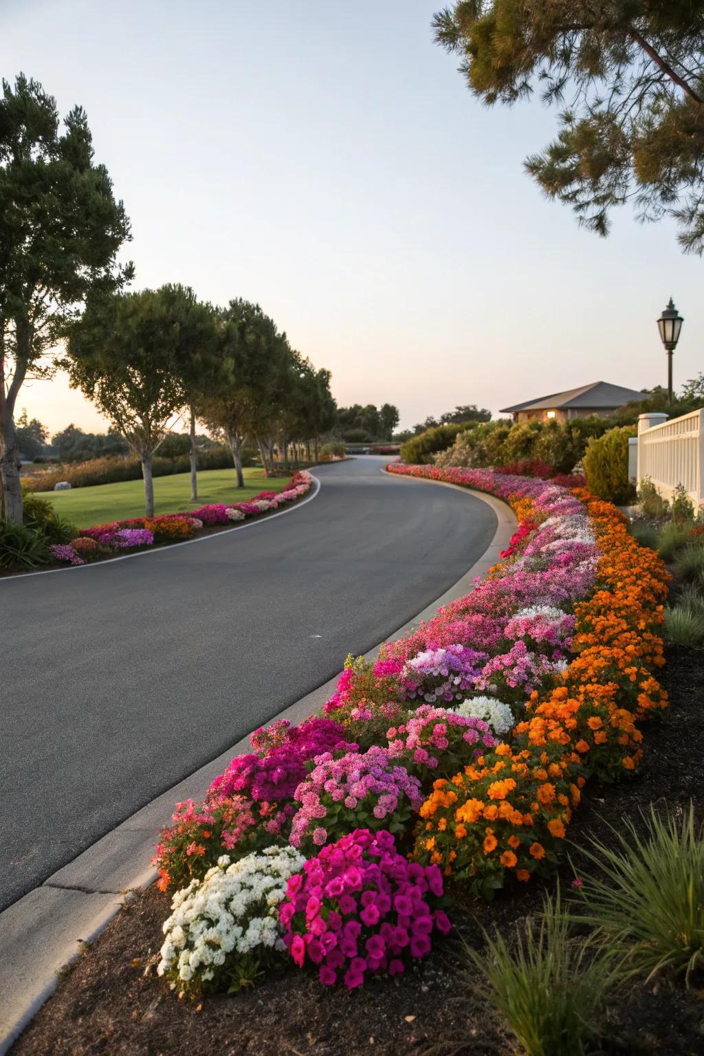 A floral embankment adds color and charm to this driveway.