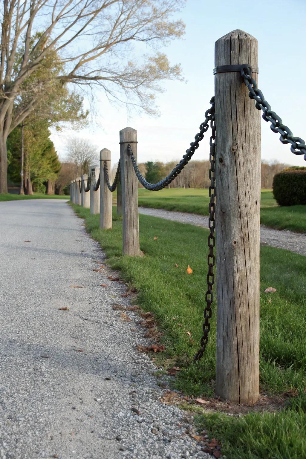 Classic wooden posts with a black chain for a rustic touch.