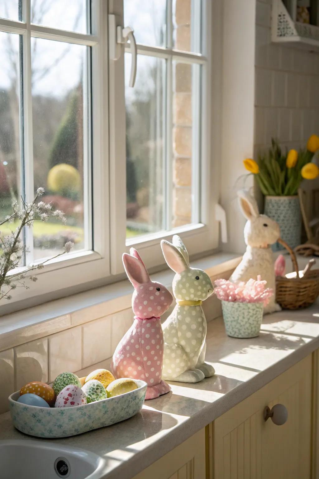 Easter bunny figurines add a whimsical touch to the kitchen window sill.