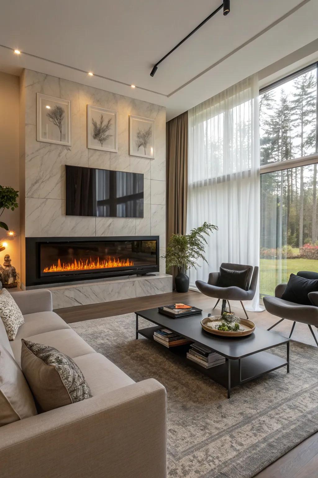 A modern living room where the electric fireplace takes center stage.