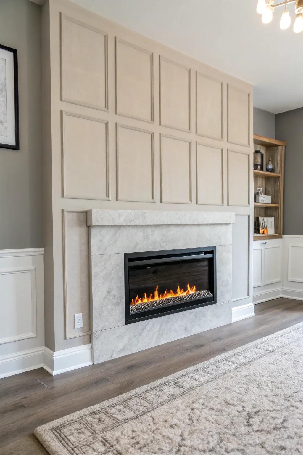 A minimalist living room wall featuring an electric fireplace with a neutral palette.