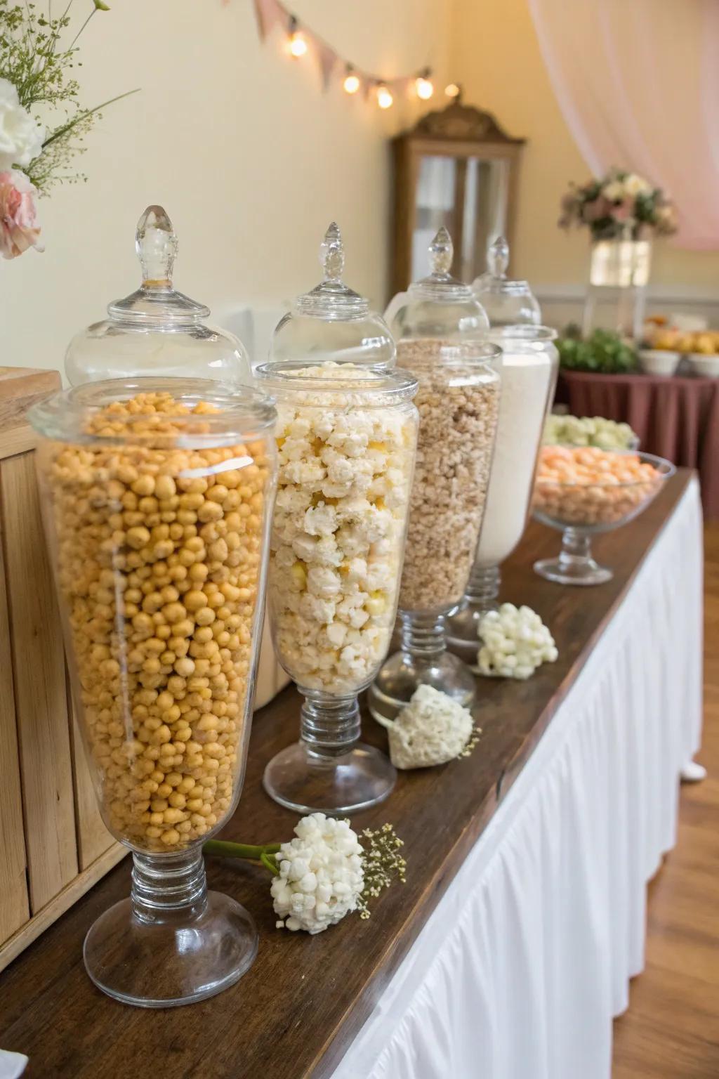 A selection of gourmet popcorn flavors elegantly displayed in glass containers.