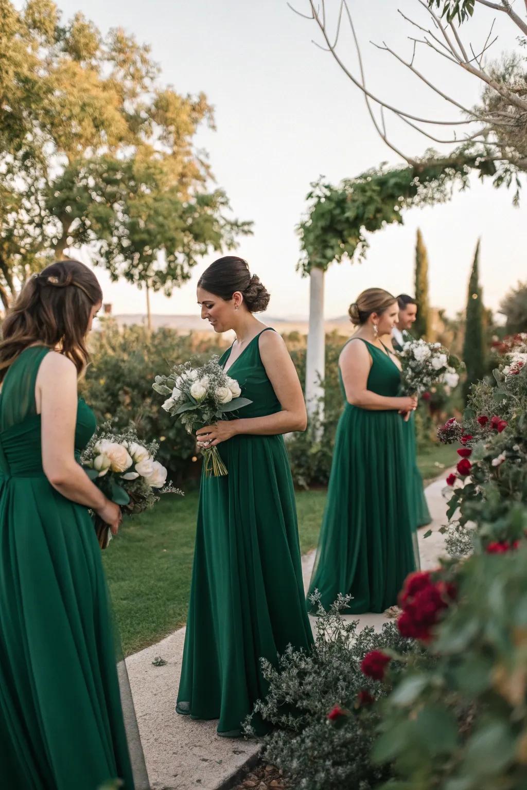 Bridesmaids in stunning emerald green dresses at a garden wedding.