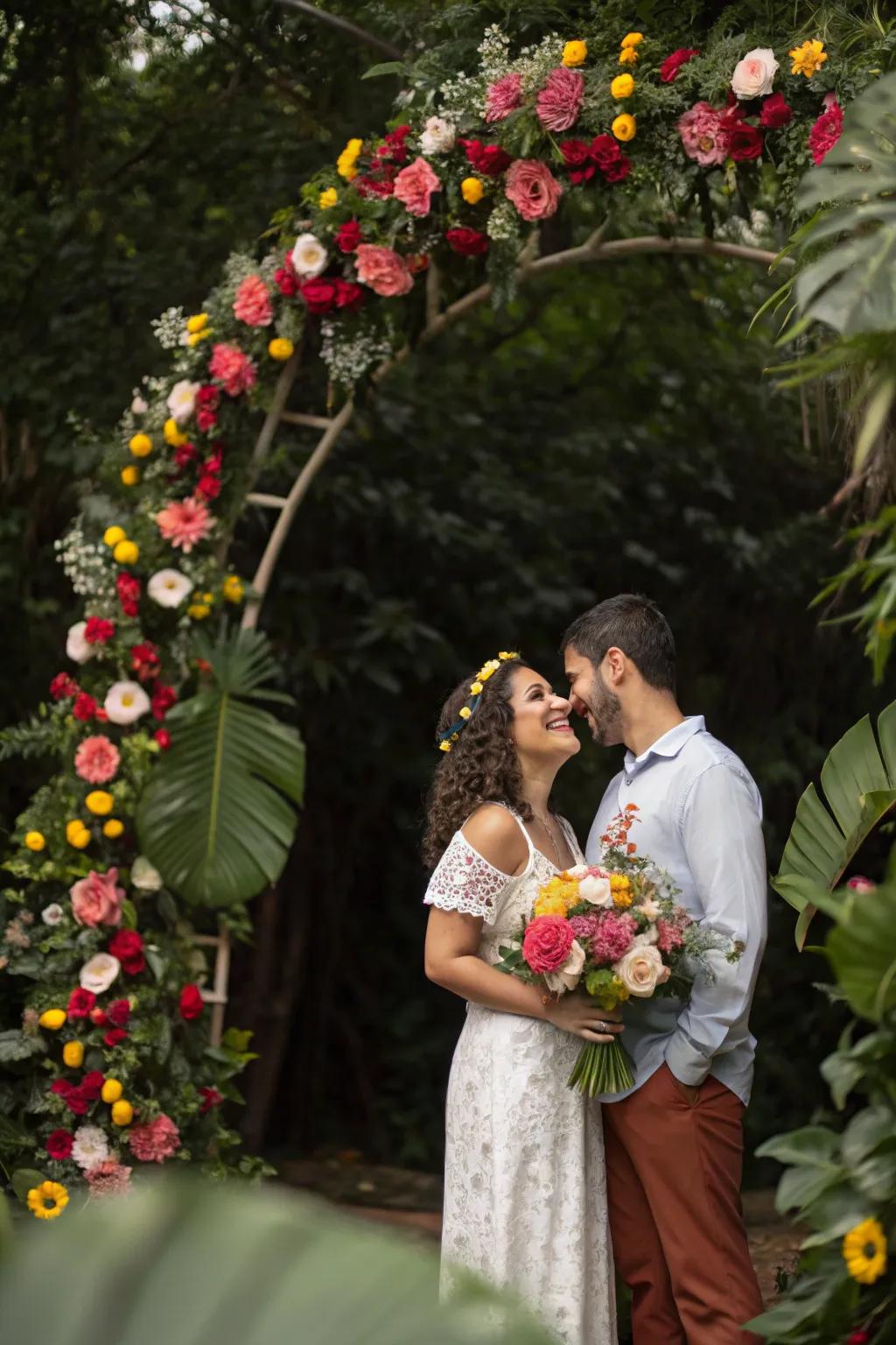 A lush floral arch creates a beautiful backdrop for engagement celebrations.