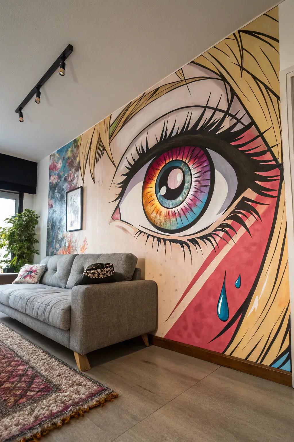 A striking anime eye painting adds a pop of color and intrigue to the room.