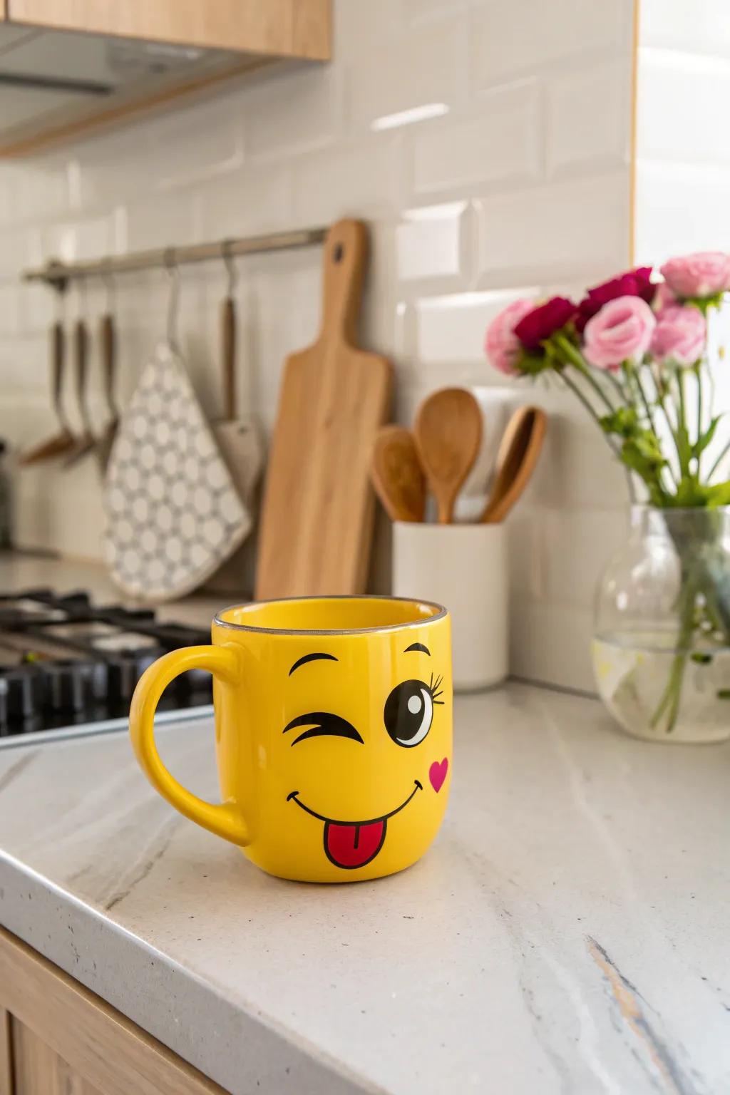 A face mug displaying a playful, exaggerated wink, perfect for beginning your day with a cheerful vibe.
