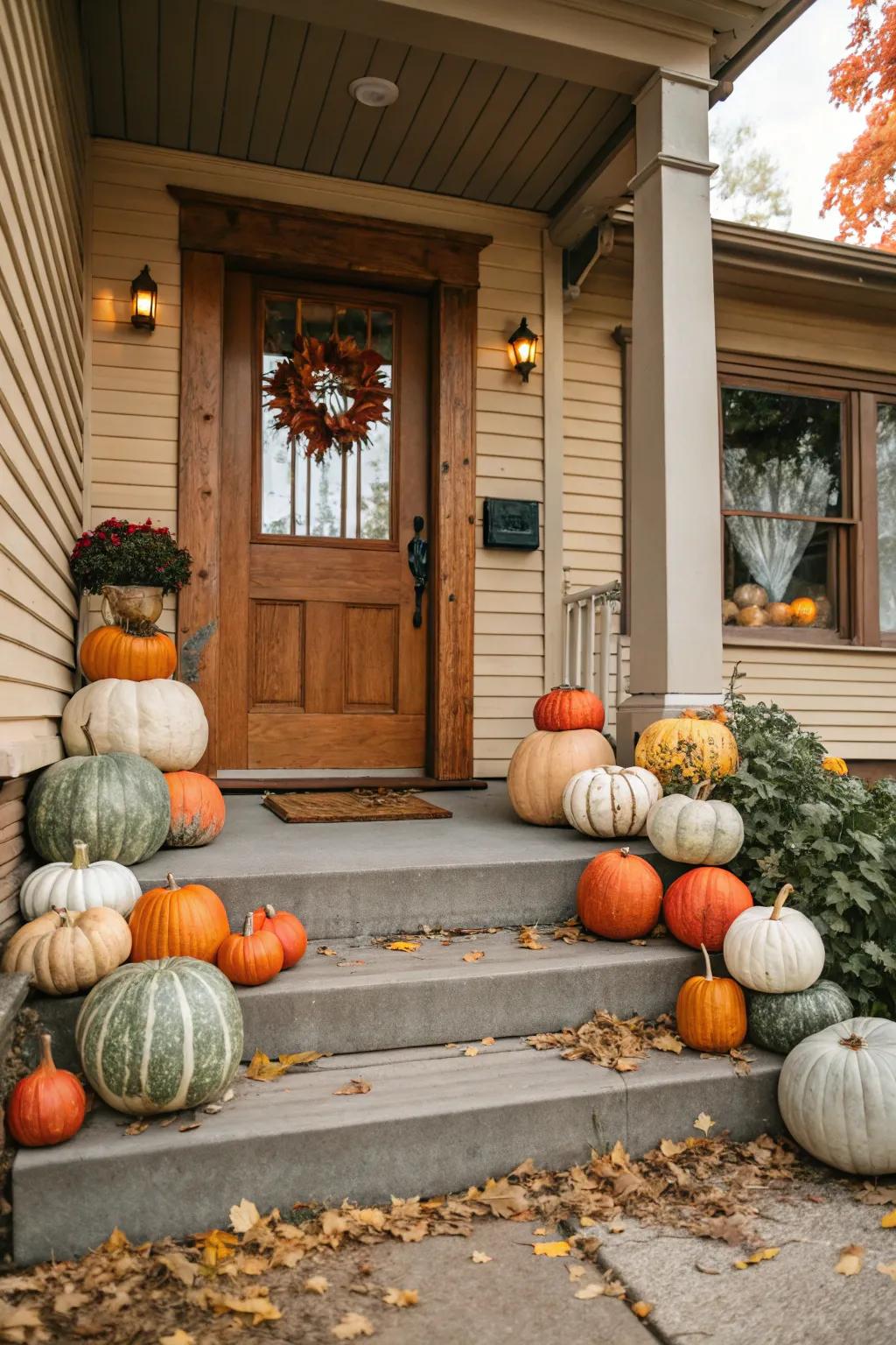 A charming display of pumpkins in an array of colors welcoming guests.