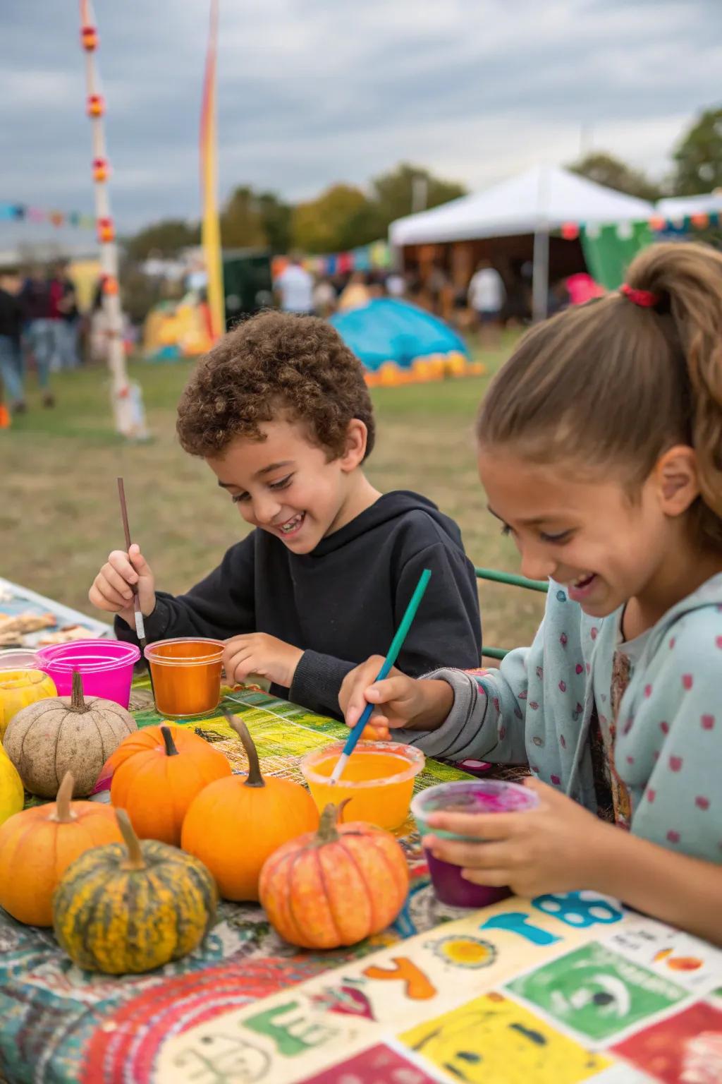 Children enjoying a pumpkin painting station at a fall festival