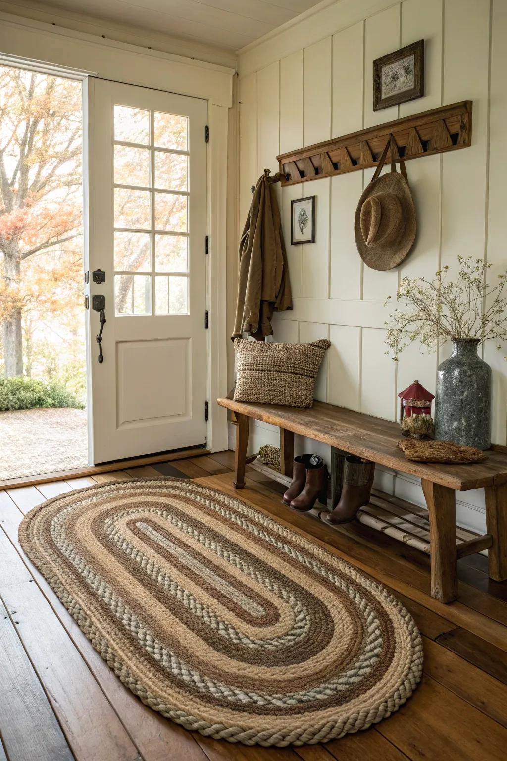 A braided rug adds timeless charm to any farmhouse entryway.