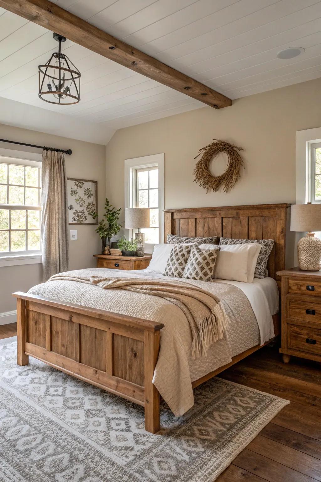 Neutral tones create a serene and calming farmhouse atmosphere.