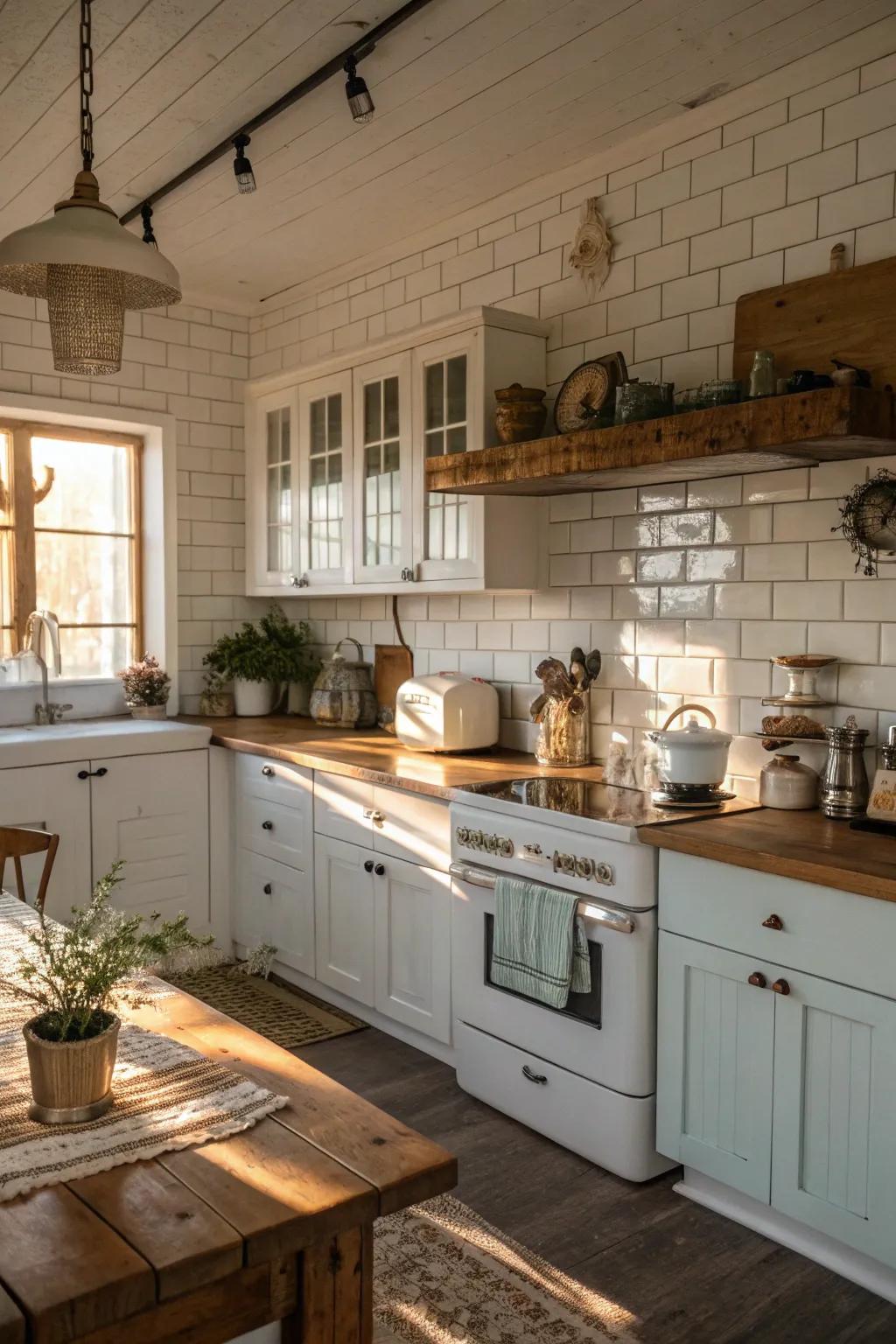 Ageless white rectangle tiles fashion a pristine and lasting aesthetic in this country-style kitchen.